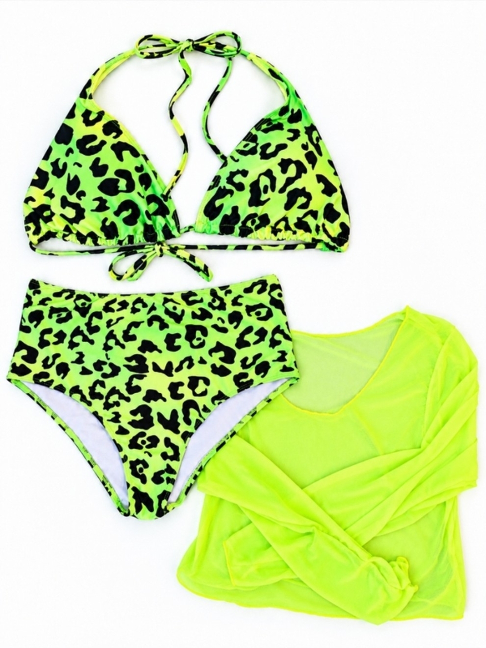 Neon Green Leopard Print Two Piece Swim Set with Crop Top Cover-Up
